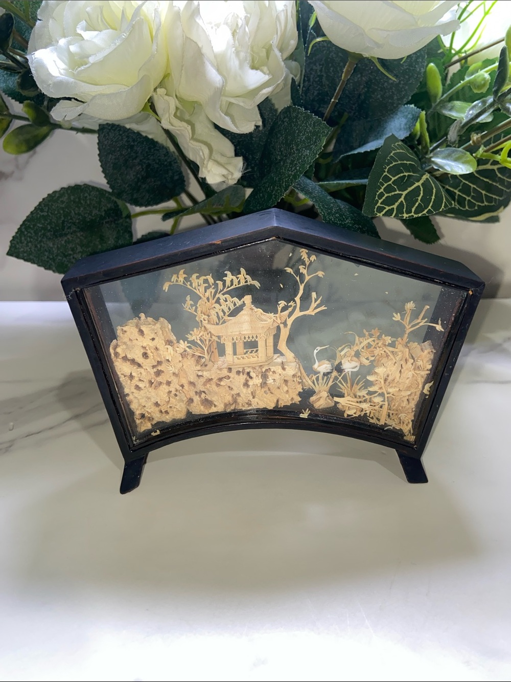 Vintage Hand Carved Cork Diorama Miniature Shadow Box with Wooden Black Frame